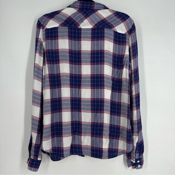 PAIGE Trudy Shirt in White/Blue Mazarine and Coral Spice Button Down Shirt Sz L - Picture 5 of 8